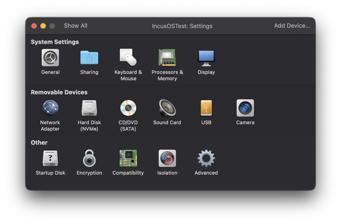 Virtual machine settings
