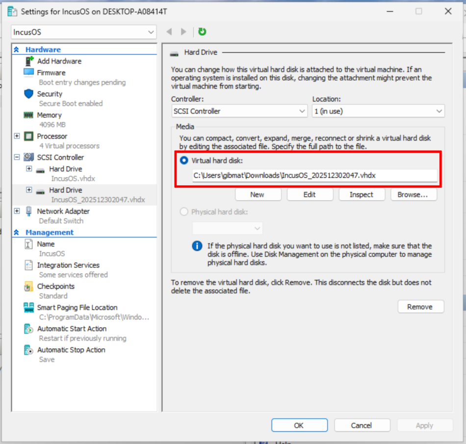 Hyper-V VM configuring install disk