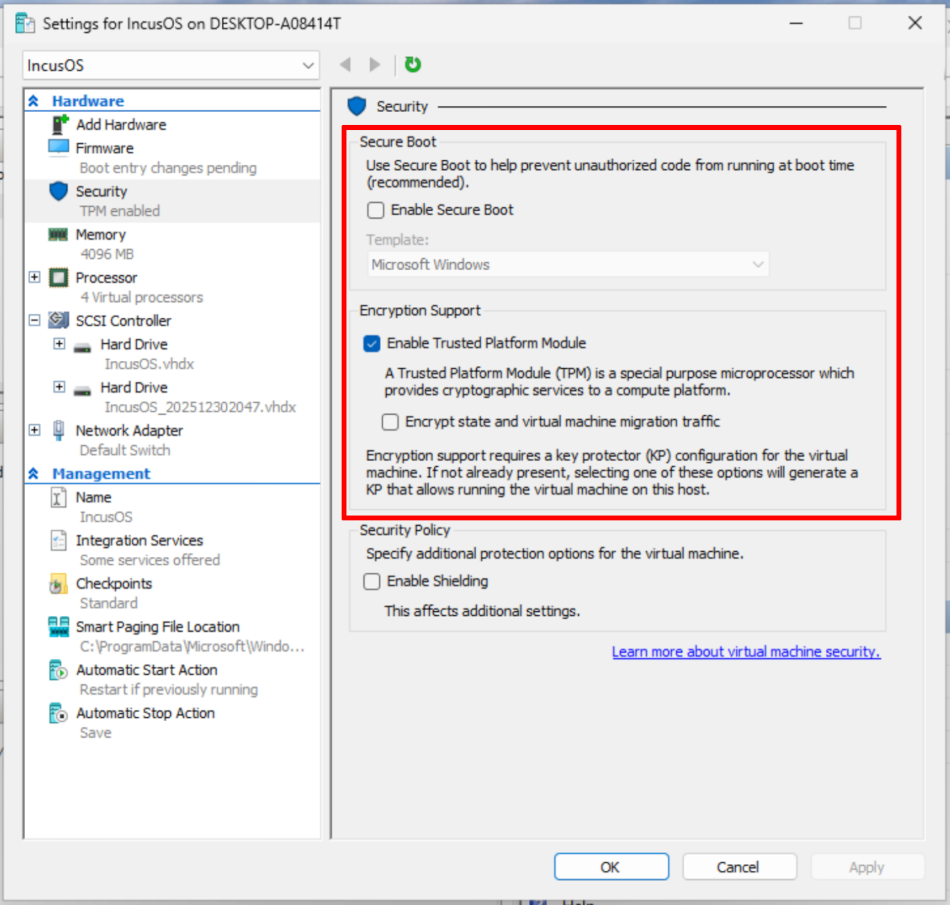 Hyper-V VM configuring Secure Boot and TPM