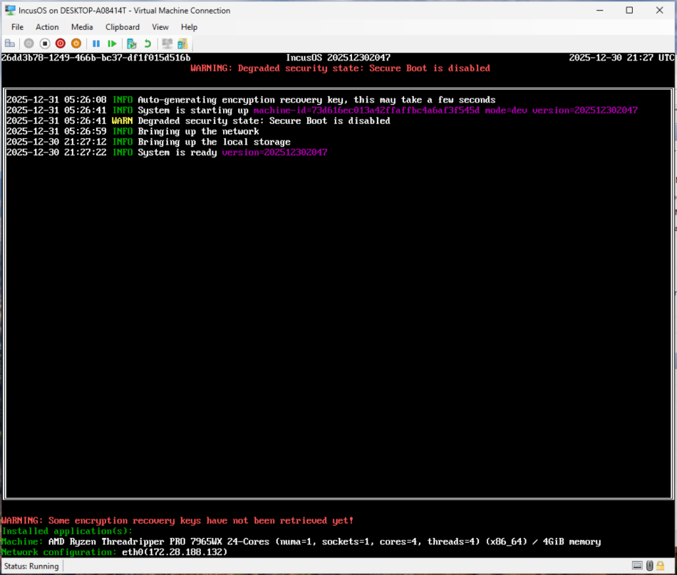 Proxmox VM running IncusOS