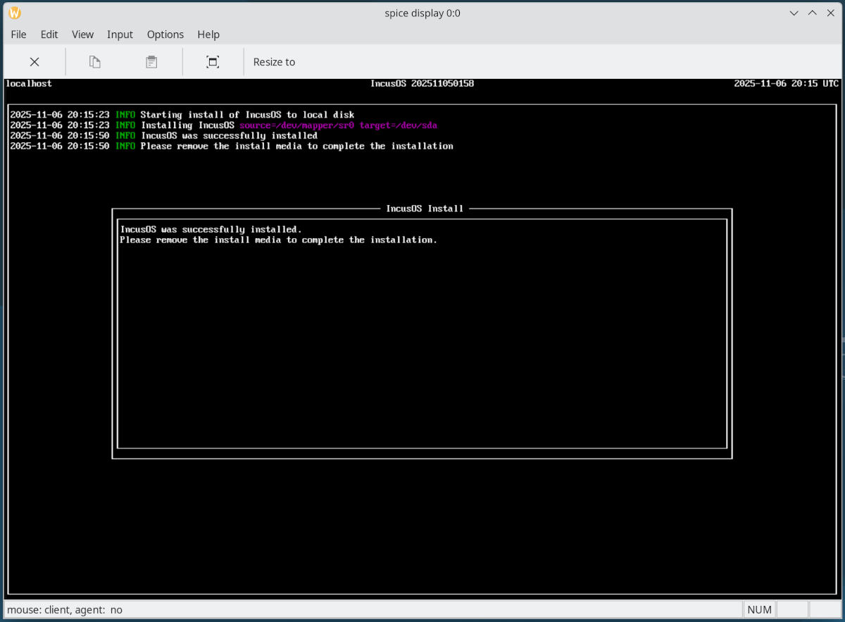 Incus VM installation complete