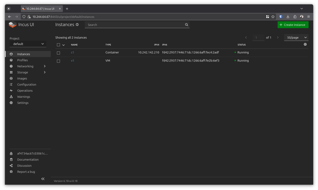 Incus UI with running instances