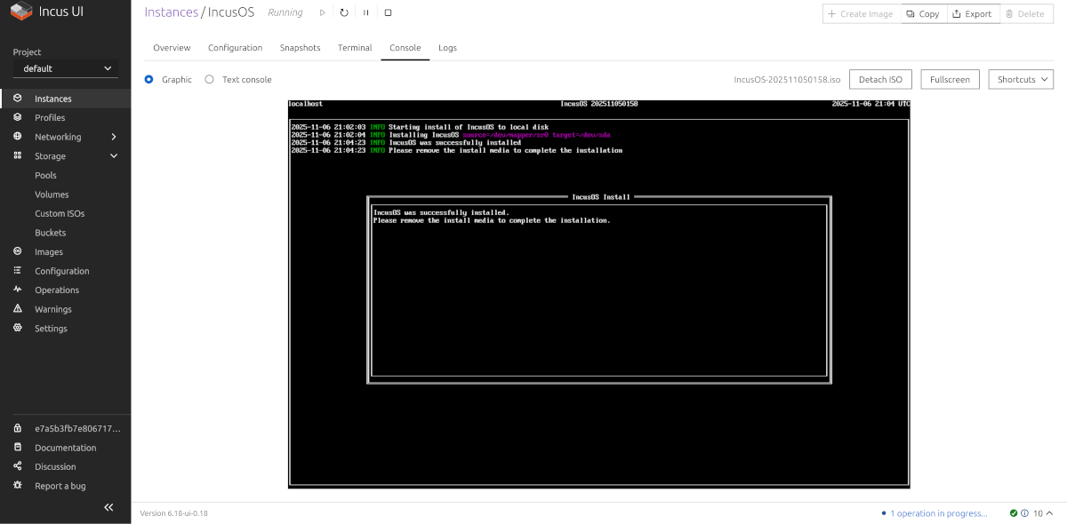 Incus VM installation complete