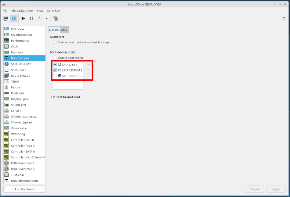 libvirt VM boot order