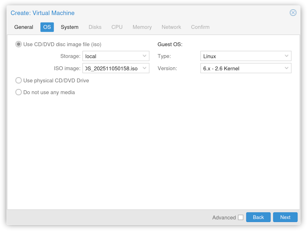 Proxmox VM configuring ISO