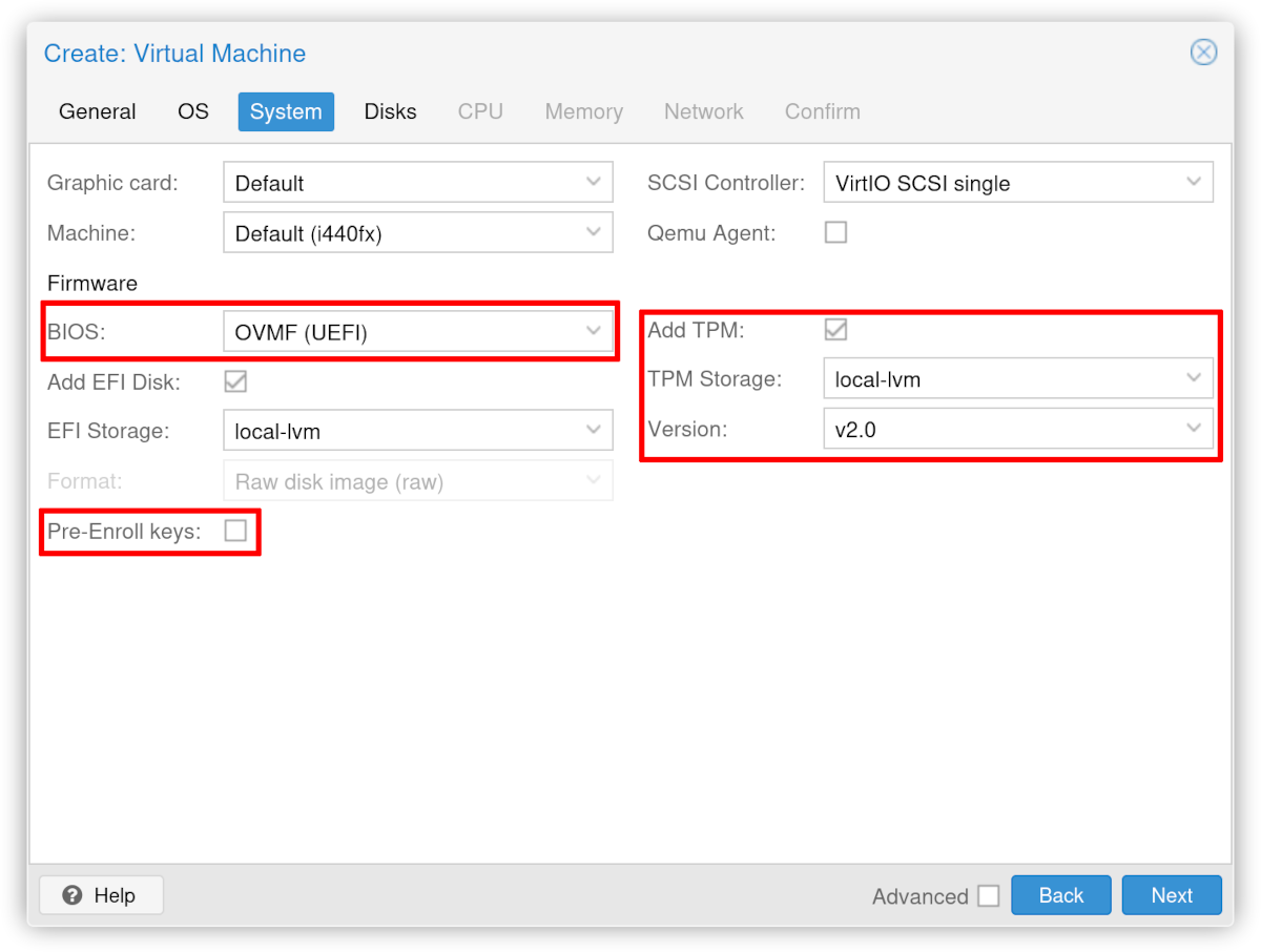 Proxmox VM configuring Secure Boot and TPM