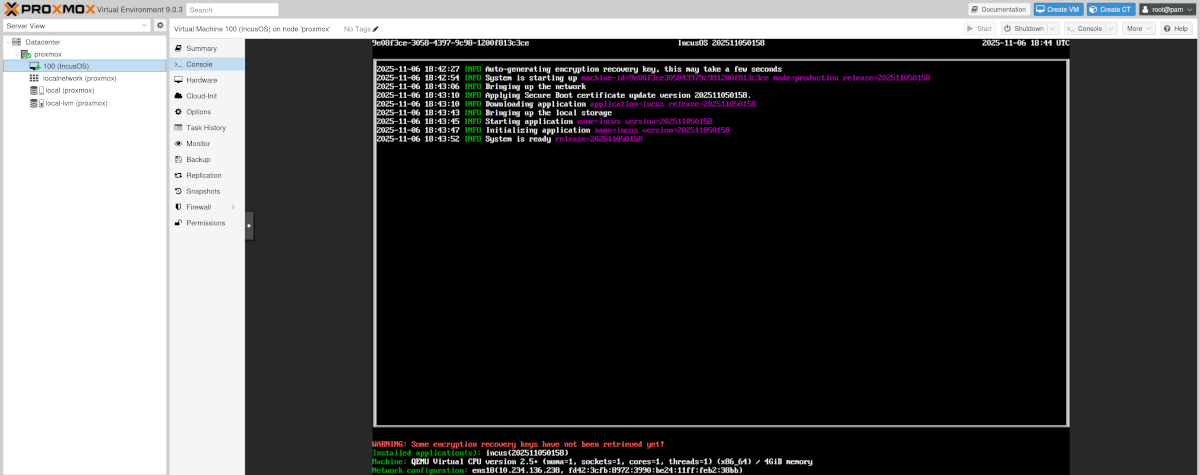 Proxmox VM running IncusOS