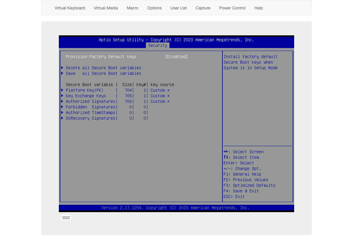 Security > Secure Boot > Key Management screen