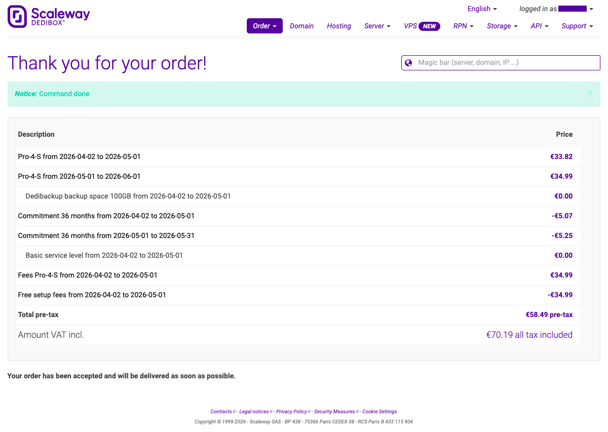 Scaleway server order