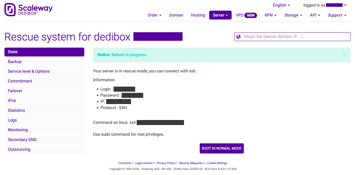 Scaleway rescue mode