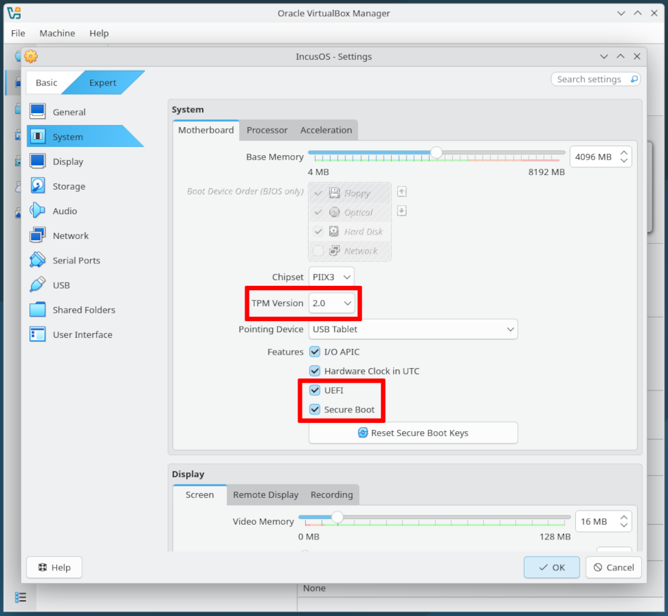 VirtualBox VM configuring Secure Boot and TPM