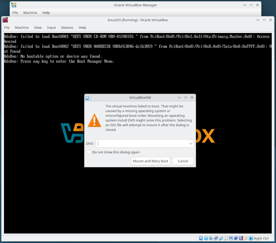 VirtualBox VM first boot error