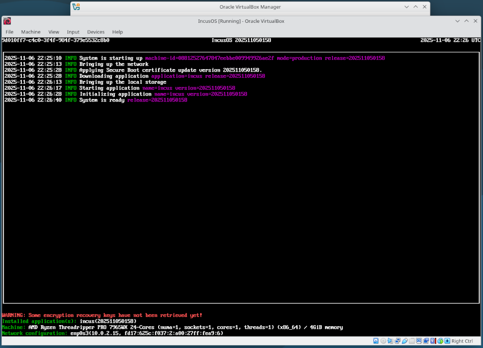 VirtualBox VM running IncusOS