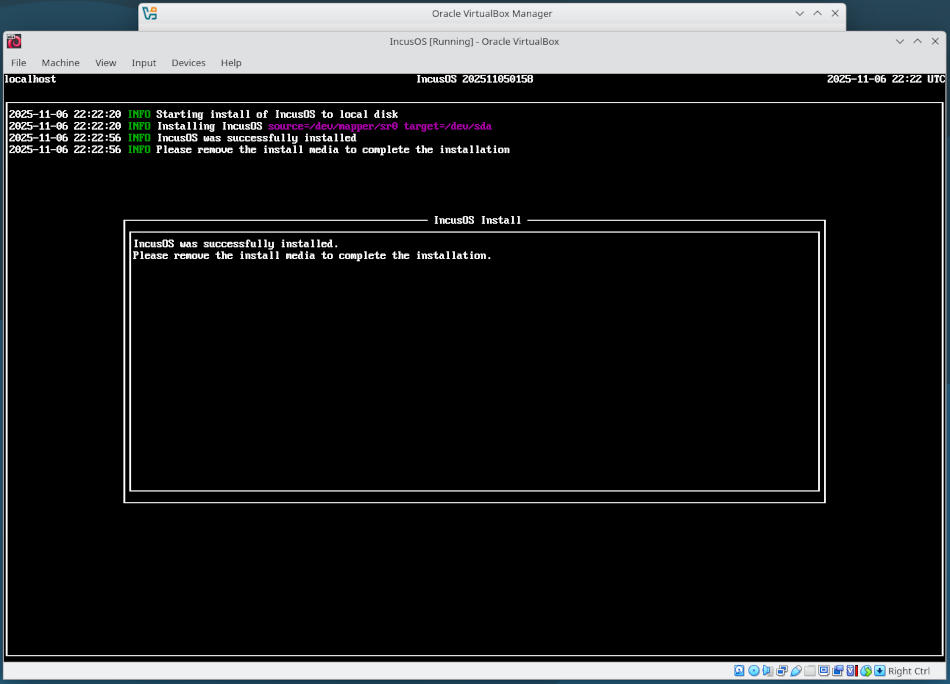 VirtualBox VM installation complete