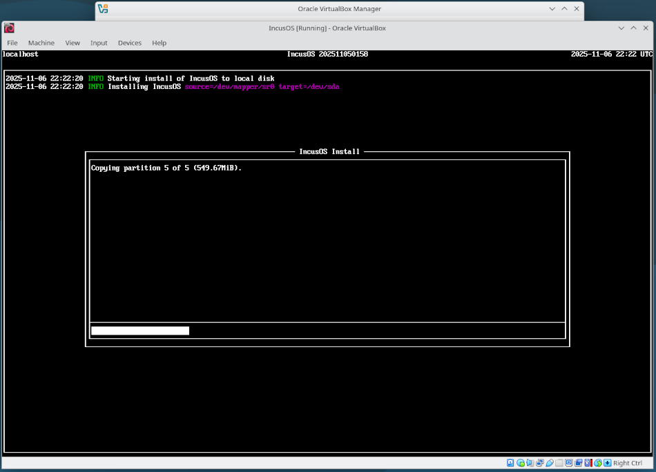 VirtualBox VM installing IncusOS